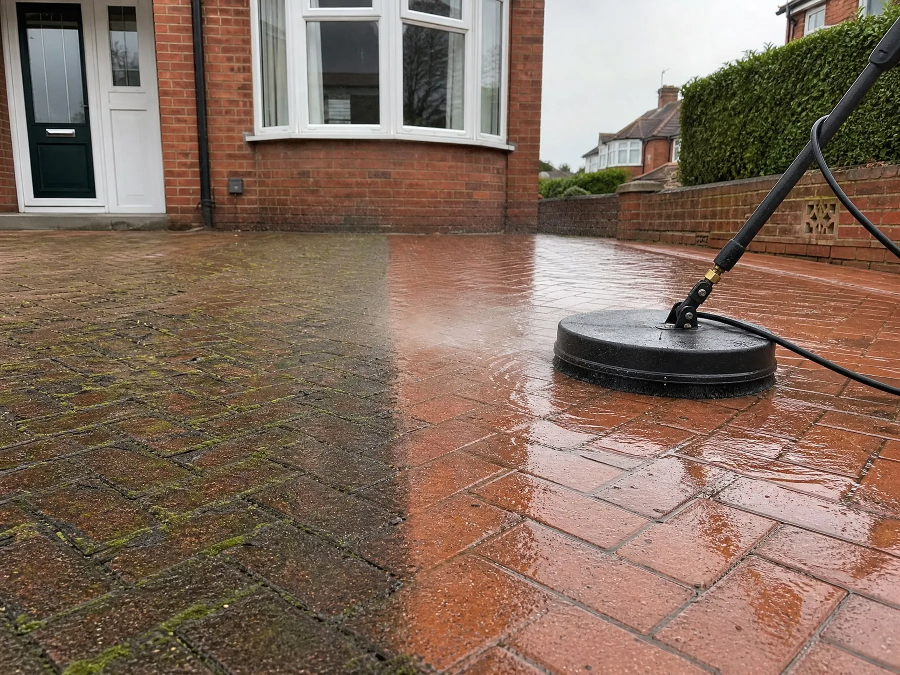 A red brick herringbone driveway half cleaned with a pressure-washer surface cleaner: mossy, dark paving on the left, bright clean wet paving on the right