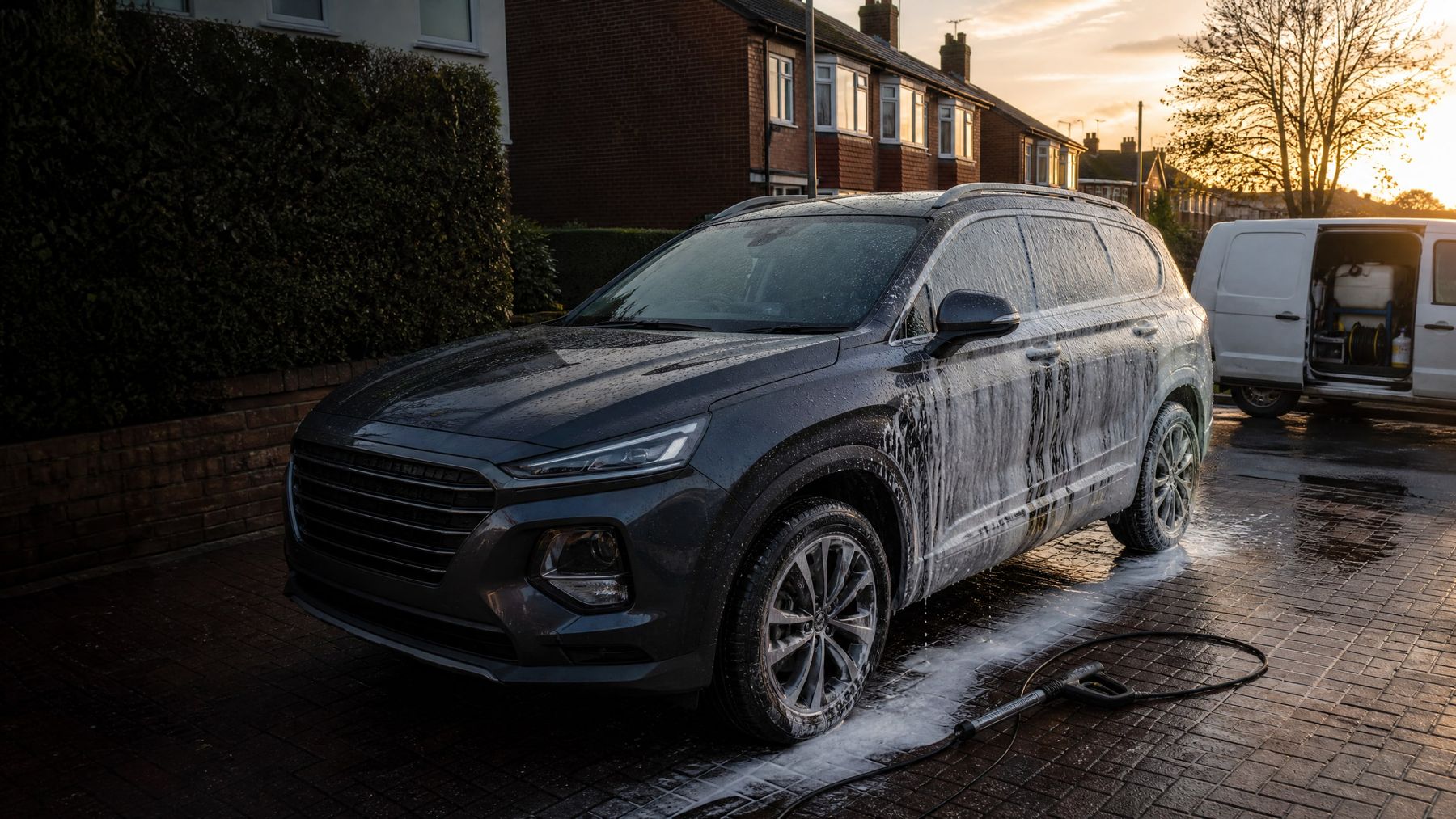 A grey SUV half covered in snow foam on a wet block-paved driveway at sunrise, with a white valeting van and its water tank behind it